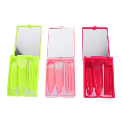 Gatuida 3 Juegos Brochas de Maquillaje Mini Portátil con Estuche Rígido y Espejo Integrado Set de Colores Magenta Rosa y Verde Neón Cerdas Suaves para Base Sombras y Rubor para Viaje y