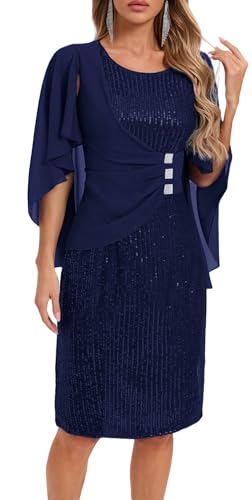 Womens Sequin Cocktail Party Dress Elegance Chiffon Midi Dresses Cape Sleeve Bodycon Dress with Ruffle Asymmetrical Over