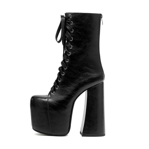Tsrenlmln Women's waterproof platform with flat bottom, small and medium-sized leg boots, square toe tie, 4-inch thick heel2