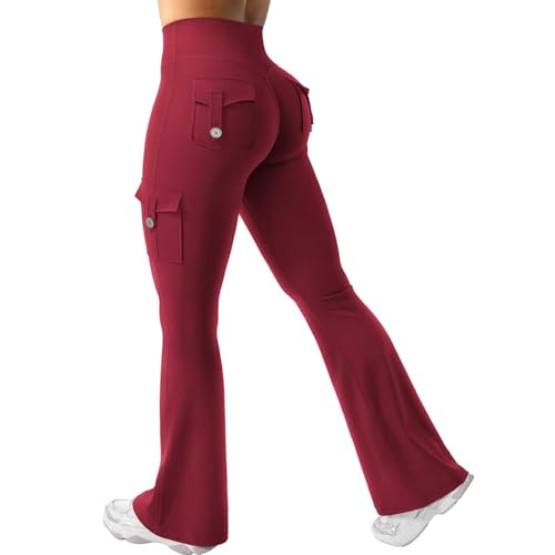 Gym Leggings for Women Butt Lifting Leggings Women Workout Flare with Hidden Scrunch High Waisted Cargo Gym Yoga No Front Seam Thermal with Pockets Black