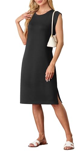 GRECERELLE Damen Sommer Midikleid lässiges Hemdkleid ärmellos mit Seitenschlitz & Taschen - Elegante Midi-Länge (Schwarz, XXL)