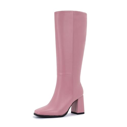 Image of Knee High Boots for Women - Wide Calf Boots with Zipper, Square Toe Tall Leather Boots, Chunky Heel Fashion Long Boots