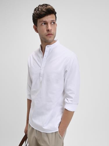 Image of Dennis Lingo Men's Cotton Solid Slim Fit Mandarin Collar Full Sleeves Casual Shirt