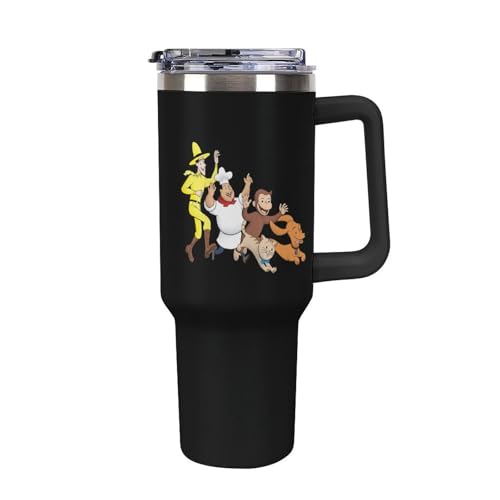 車用コップ 車用タンブラー おさるのジョージ 水筒 魔法瓶 ステンレス製 保温保冷 持ち手付き ストロー&蓋付き 大容量 家庭用 車用 1200ml