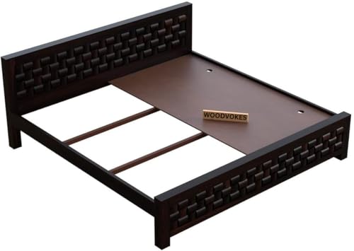 Image of Sheesham Wood Bed Without Storage Solid Wooden Cot Bed Elegant and Functional Bedroom Living Room Home (Dark Walnut, Queen)