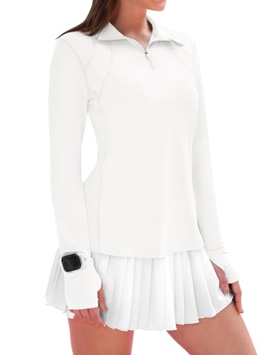 Reviews de Ropa de Atletismo para Mujer los mejores 5. 42 IECCP - Camisas de manga larga para mujer, protección solar, con cierre de un cuarto de verano, secado rápido, atlético, senderismo, correr, entrenamiento, Blanco, M