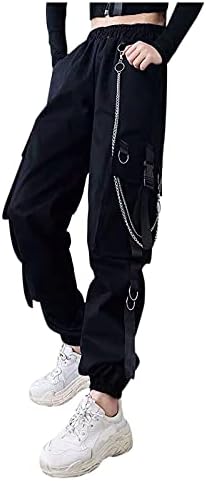 Women's Goth High Waist Lightweight Hiking Outdoor Cargo Sweatpants Pocket Side Cropped Jogger Cargo Pants with Chain (Chain Black, M)