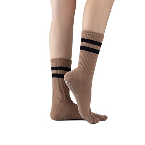 Verdancy Yoga Pilates Toe Socks with Grips for Women Non Slip Fleece Cushioned Crew Socks Mid Calf Socks for Barre