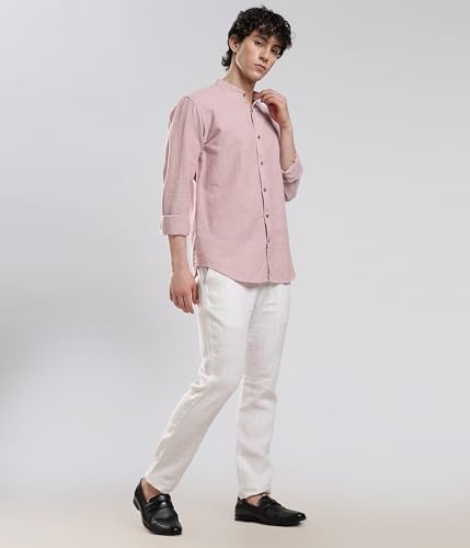 Image of TURMS Men's Casual Solid Linen Shirt | Water Repellent | Anti Stain Anti Odor | Kansas Linen | Mandarin Collar | Full Sleeves