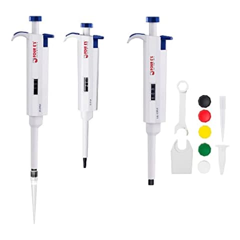 2-20ul, 20-200ul, 100-1000ul Micropipette, Four E'S Scientific Single Channel Pipettor 3 Pack Micro Pipette Set, Adjustable Volume Autoclavable Pipette Pipettor Cover