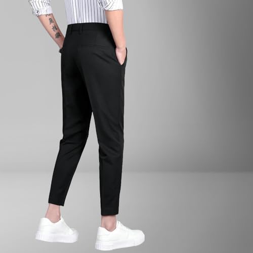 Men's Autumn Winter Black Slim Fit Formal Straight Fleece Lined Nine-Tenths Casual Pants3