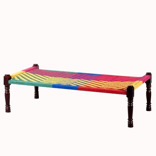 FURNWEAVE Solid Sheesham Wood Handmade Rajasthani Charpai | Cotton Rope Khatiya Charpai Single Bed Without Storage | Wooden Cot Bed | Khatiya-Khaat | 6X3 Feet | Colorful (Yellow-Multi)