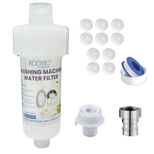 Image of Konvio Neer Washing Machine Water Filter - Protects Against Limescale, Hard Water Softner for Top Load and Front Load Machines,Includes 10 Anti-Scalant Balls, Easy 1-Minute Setup (1 Set, White)