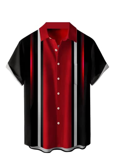Ecosunny - Chemise de bowling pour homme vintage années 50 à manches courtes avec imprimé à rayures dégradées - Chemise de plage décontractée boutonnée, Bowling Gradient Stripe Rouge, Taille M