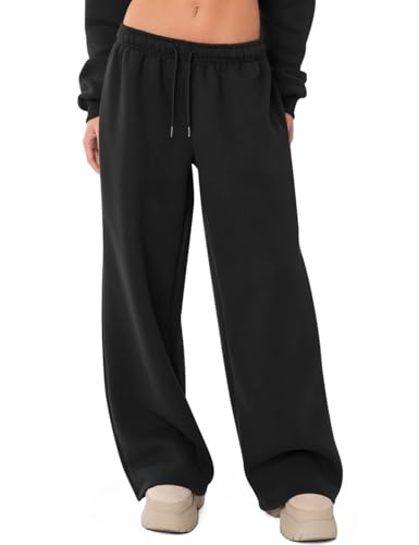 Ugerlov Wide Leg Sweatpants Women Baggy Fleece Sweat Pants Teen Girls Lounge Drawstring Trousers Low Rise Cute Streetwear Pants with Pockets Black S