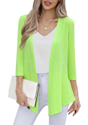 MEILANZJ Womens Open Front Cardigan 3/4 Sleeve Lightweight Soft Casual Cardigan Lime Green Small