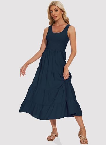 Image of Women's Summer Smocked Maxi Dresses Sleeveless U Neck Ruffle Hem Tiered A Line Flowy Dress
