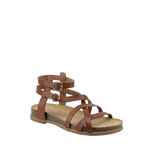 MODELISA   Sandalias Planas de Mujer, Estilo Gladiador con Tiras Cruzadas, Sandalia Romano con Doble Hebilla Ajustable (Camel, Sistema tallas calzado EU, Adulto, Mujer, Números, mediano, 39)