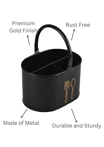 Image of D&G Homes Metal Cutlery Holder for Kitchen, Spoon Stand for Dining Table | Multi-Compartment Organizer | Rust-Resistant | Compact & Stylish | Kitchen & Dining Use| Easy to Clean| 17x12x10cm | Black