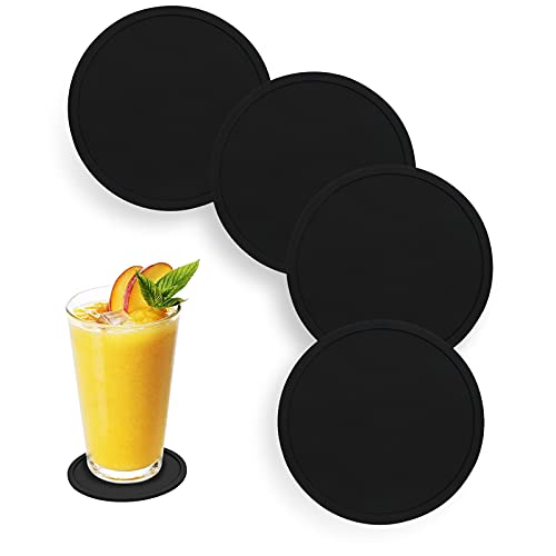 Anti-Slip Reusable Drink Coasters Set - Non Slip Silicone Coasters Protect Desk from Heat and Scratch Damage (4 Pack, Black)