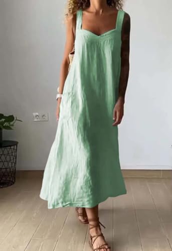 Image of chouyatou Women's Summer Spaghetti Strap Sleeveless Linen Overall Dress Casual A-Line Midi Long Beach Dress