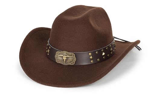 Image of Wide Brim Men and Women's Western Cowboy Hat Fedora-Jazz-Hat with Bull Head Band Decoration