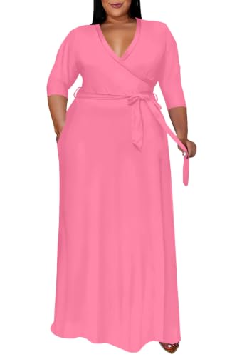 Image of Runwind Plus Size Dress for Women - 3 /4 Sleeve V Neck Maxi Dresses for Women (XL-6XL)