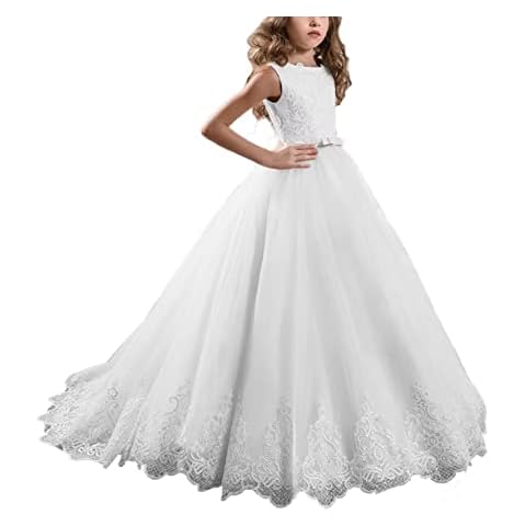HYEC7 Flower Girls Applique Tulle Lace Wedding Dress Kids Embroidered Dress Christmas First Communion Prom Pageant Dress White Cover