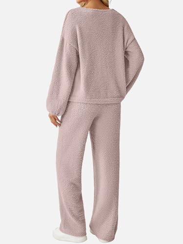 GKBK Womens 2 Piece Outfits Knit Sweater Sets Fuzzy Fleece Long Sleeve Top Wide Leg Pants Loungewear Matching Lounge Pajama Set 2026 Fall Winter House Cute Cozy Fashion Clothes Light Pink L — view 3