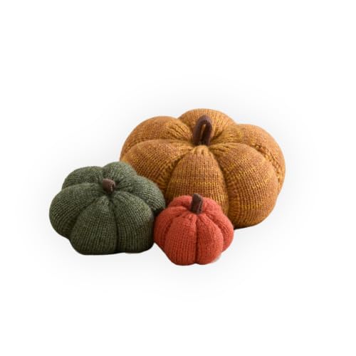 Image of Set of 3 Multi-size Cozy Knit Pumpkins (Marigold Large Multi-size set) | Fall Home decor, Shelf sitters, Bowl fillers, Gift for Friend