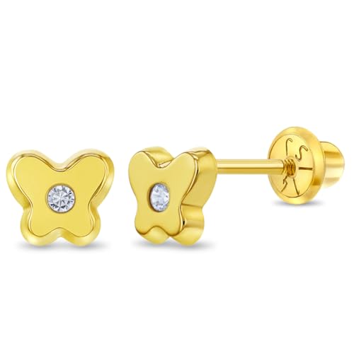 14k Yellow Gold 5mm Cubic Zirconia Butterfly Screw Back Stud Earrings for Girls - Children's Small Butterfly Earrings for Babies, Toddlers & Little Girls with Locking Safety Screw Backs