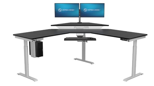 Image of VERSADESK 72 inch x 72 inch Electric L-Shaped Corner Standing Desk, Commercial Grade Height Adjustable Sit Stand Workstation, Ergonomic Computer Desk for Home Office, White Frame, Black Surface