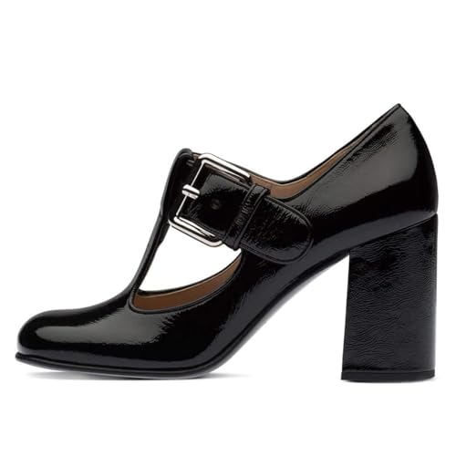 FOWT Women Fashion Closed Square Toe T-Strap Pumps Chunky High Heels Office Date Shoes Size 4-16 M4