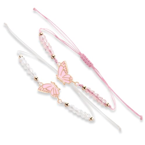 OUDQFCJ Lot de 2 bracelets BFF pour bracelets papillon assortis - Bracelet Best Friends - Fait à la main - Bracelets d'amitié - Bijoux Cadeaux - Blanc + rose