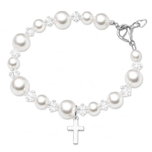 Image of Baby Crystals Personalized Baptism Gifts for Girl Sterling Silver Cross Pearl Bracelet