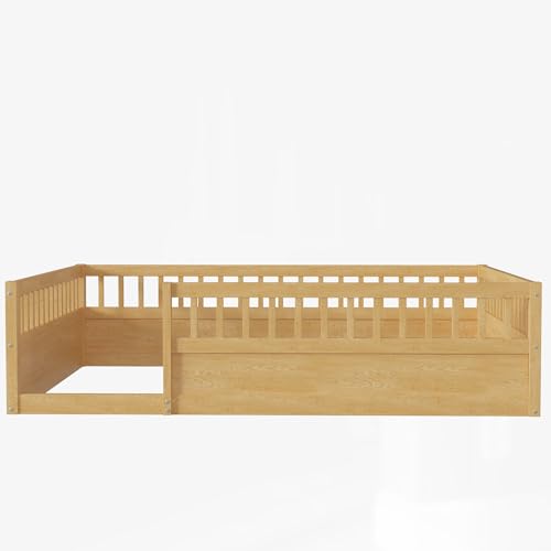 DNYN-Full-Size-Floor-Bed-for-Kids-BedroomSolid-Wood-Bedframe-wFence-Easy-Assemble-Space-Saving-Design-No-Box-Spring-Needed-Natural DNYN Full Size Floor Bed for Kids BedroomSolid Wood Bedframe wFence Easy Assemble Space Saving Design No Box Spring Needed Natural