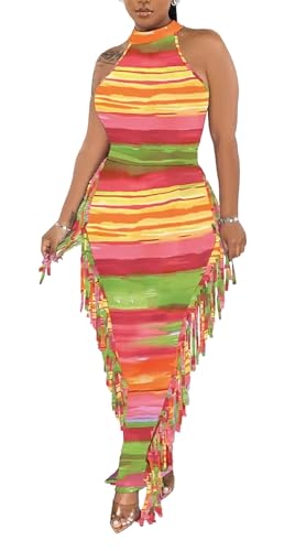 Image of YUEWOO 2 Piece Outfits for Women Sexy Crop Top Ruched Bodycon Maxi Dresses Fringe Skirt Sets Night Club Jumpsuits