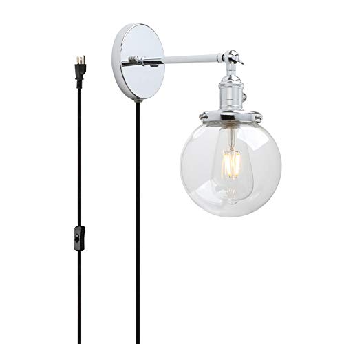 Best Cyber Monday 🔥 Permo 1-Light Plug in On/Off Switch Wall Sconce with Mini 5.9" Round Globe Clear Glass Shade Vintage Industrial Wall lamp Light Fixture (Chrome)