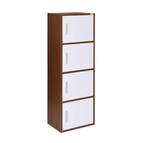 Image of Nilkamal Sear 4 Tier Wooden Storage Cabinet | Free Standing Book Shelf with 3 Doors & 3 Spacious Shelves | Engineered Wood | Organizer for Home & Office | Classic Walnut & White | DIY(Do It Yourself)