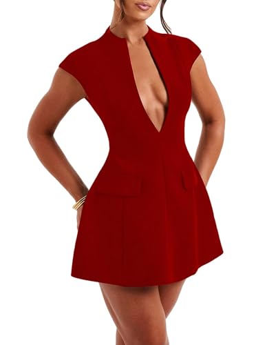 Women's Cap Sleeve Summer Dress Sexy Deep V Neck Mini Zipper A-line Dress Hollow Bodycon Night Out Party Dress2