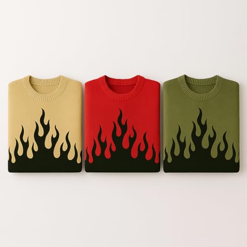 Unisex Pullover Crewneck Long Sleeve Knit Sweater with Woven Flame Pattern Street Fashion Warm Outfit for Men and Women4