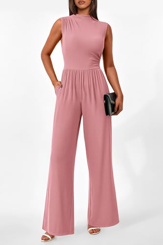 Image of PRETTYGARDEN Women's Summer Dressy Casual Jumpsuits | Cozy Ribbed Fabric, Sleeveless Mock Neck, Back Zipper, Pockets, Wide Leg Pants Rompers, Fashion Clothing, One Piece Outfits