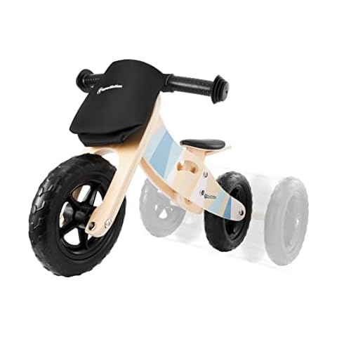 HyperMotion Balance Bike Wooden for Children, Trike for Kids 2+, Three Wheels Bikes for Boys and Girls from 2 Years, 2 in 1 Toddlers Balance Bike, First Running Bike, Riding Toy, Natural/Blue Cover