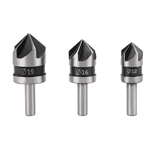 Uxcell® Countersink Drill Bit Set 12Mm 16Mm 19Mm Dia Round Shank 90 Degree 5 Flute Chamfer Tool For Woodworking Carbon Steel 3Pcs #TOP25