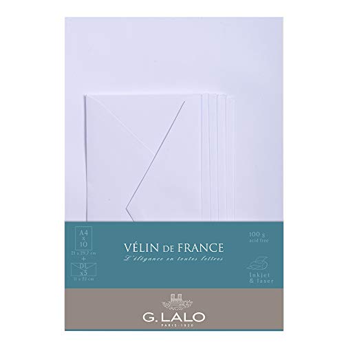 Lalo 63000L, Velin De France A correspondence set including 10 A4 100g sheets and 5 gummed envelopes DL 11x22 cm