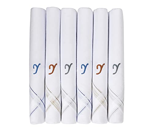 Caruso Italy Men's Personalized Initial Monogram Handkerchief (A-Z) Embroidered 100% Pure Cotton Pocket Square, Elegant Soft and Absorbent for Everyday Use or Gift, White, 46 x 46 cm, pack of 6