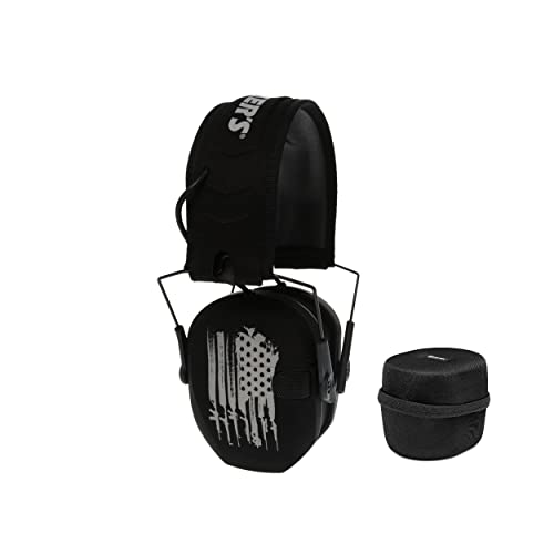 Walkers Game Ear Razor Slim Electronic Lightweight Shooting Range Protetor auditivo (bandeira americana) Pacote com capa de proteção (2 itens)