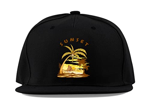 Casquette de baseball noire visière plate snapback coton motif île tropicale unisexe