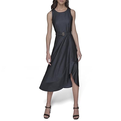 Image of Karl Lagerfeld Women's Sleeveless Jewel Neck Belted A-line Midi Dress