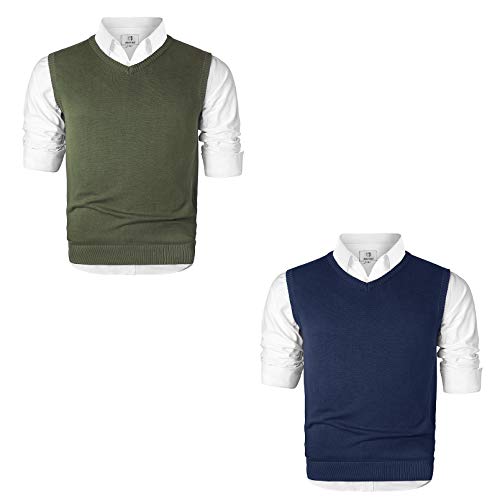 MOCOTONO Men's V-Neck Sweater Vest Green Large | Men's V-Neck Sweater Vest Navy Large (Bundle)